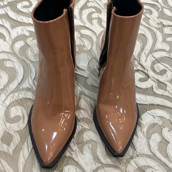 Bp tan patent half boot size 4.5 glossy ankle boots vegan leather chunky heel - Picture 4 of 5